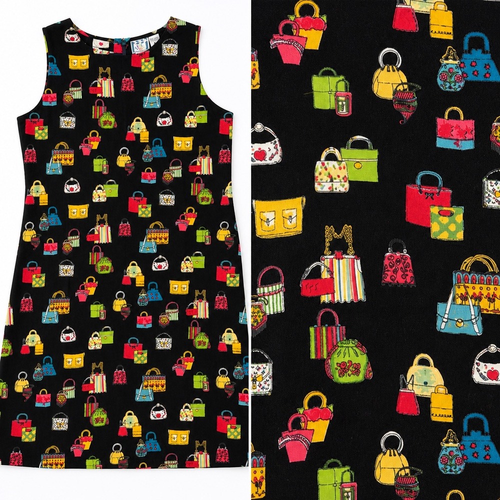 Vintage Handbag Purse Novelty Dress M Black Whimsical Art To Wear Cotton 90s